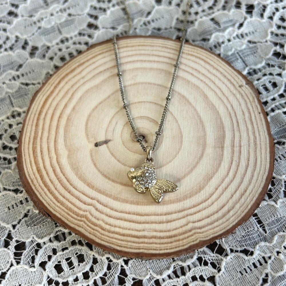 Gold Tone Crystal Pisces Pave Goldfish Pendant Necklace with Station Bead Chain
